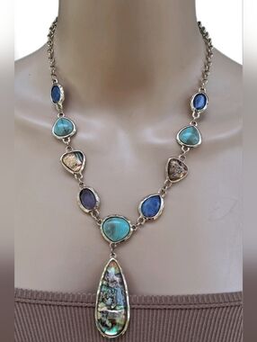 Multi-Stone & Abalone Teardrop Bib Statement Necklace - Gold Tone Boho